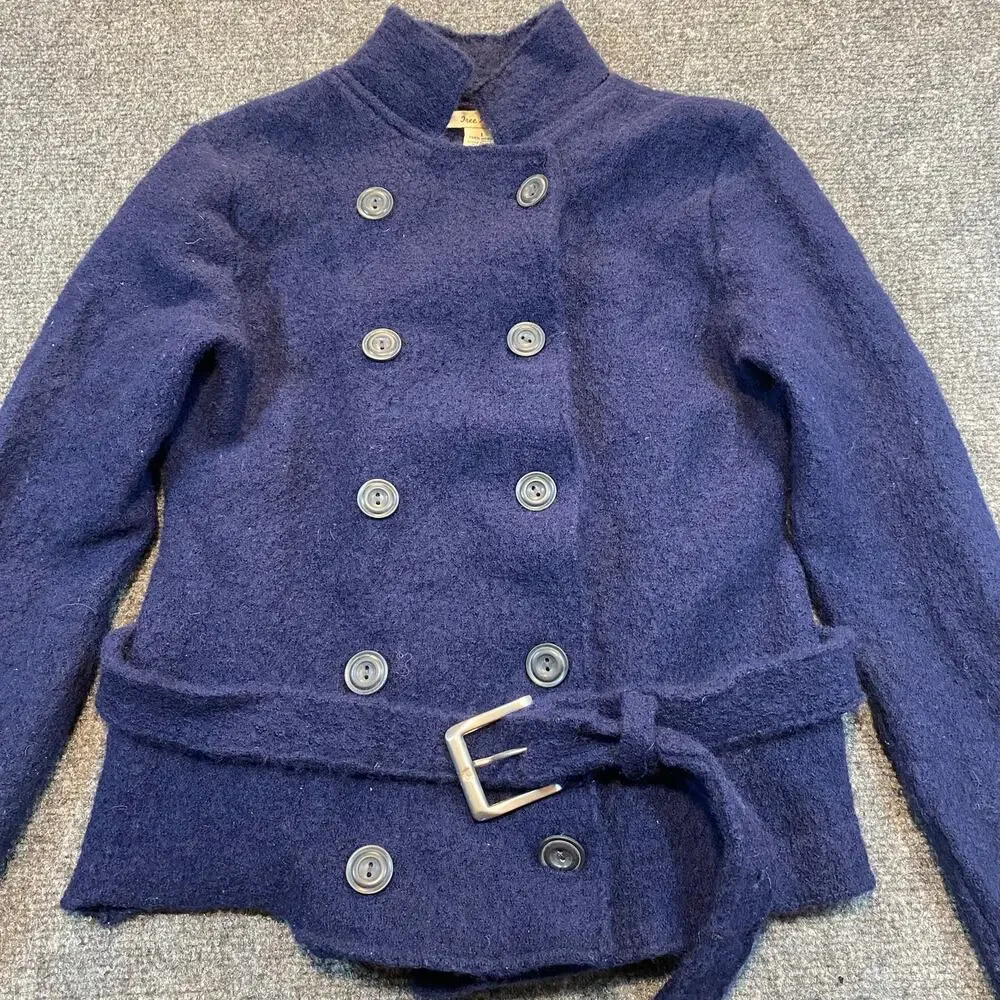 Free People Women Large Double Breasted Sweater Jacket Button Belted Wool Boho